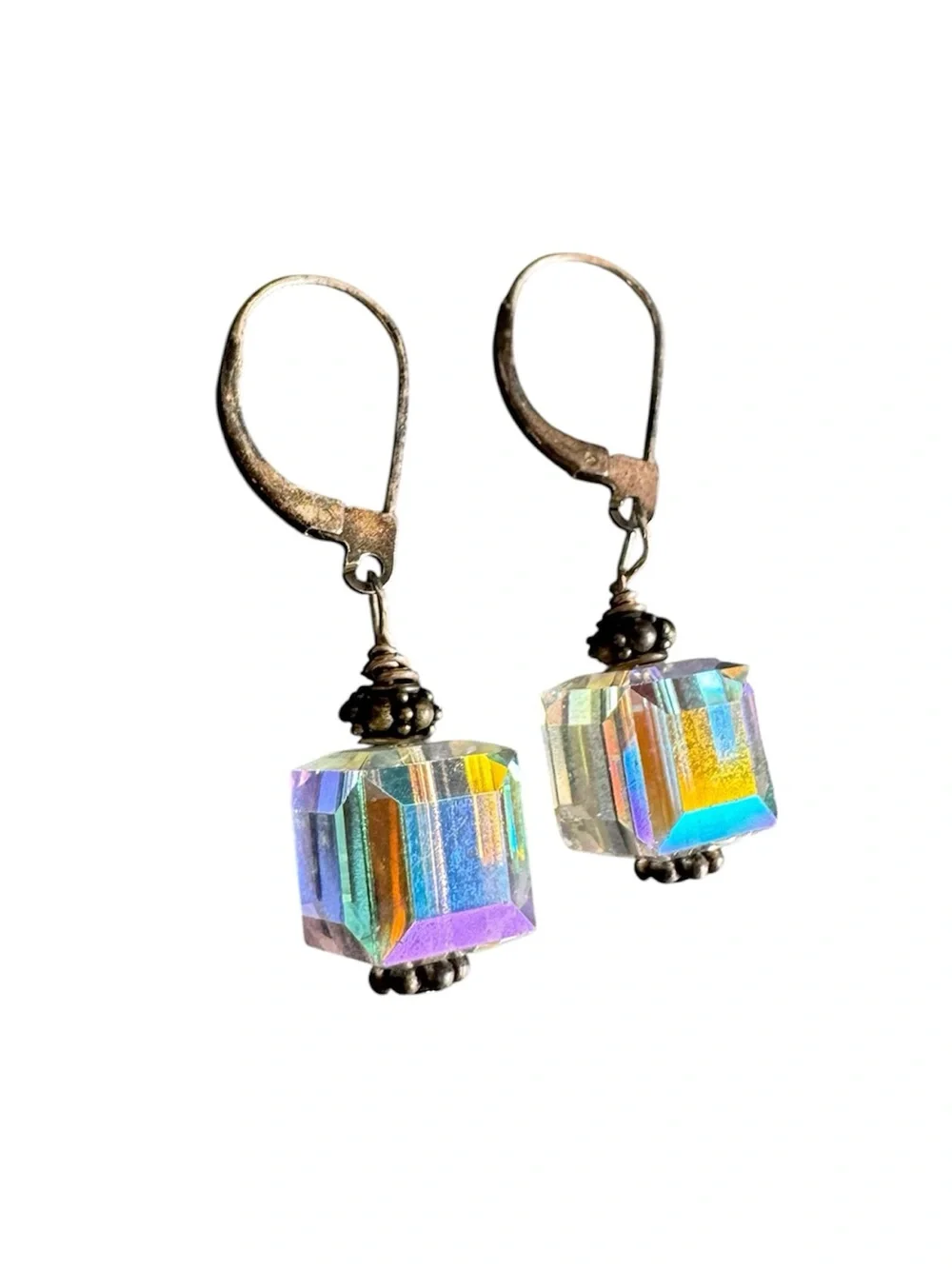 Vintage AB Crystal Cube Earrings Sterling Silver Iridescent Aurora Borealis